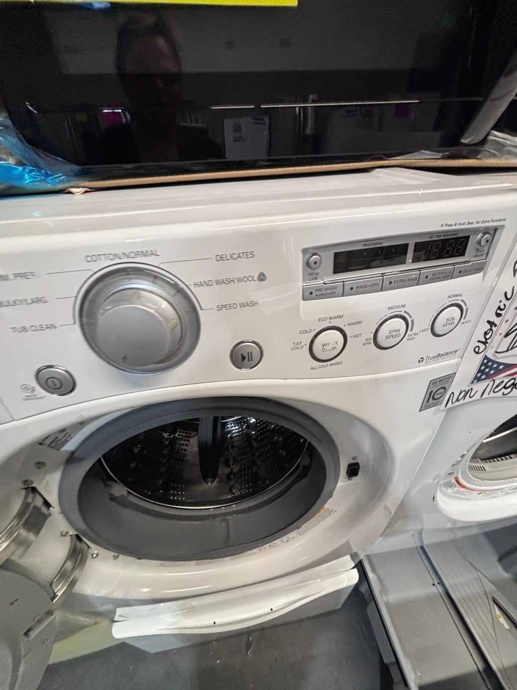 >*used- refurbished LG front load washer & dryer set  electric 220v large  capacity with pedestals in red color 27” #SFL55V7B