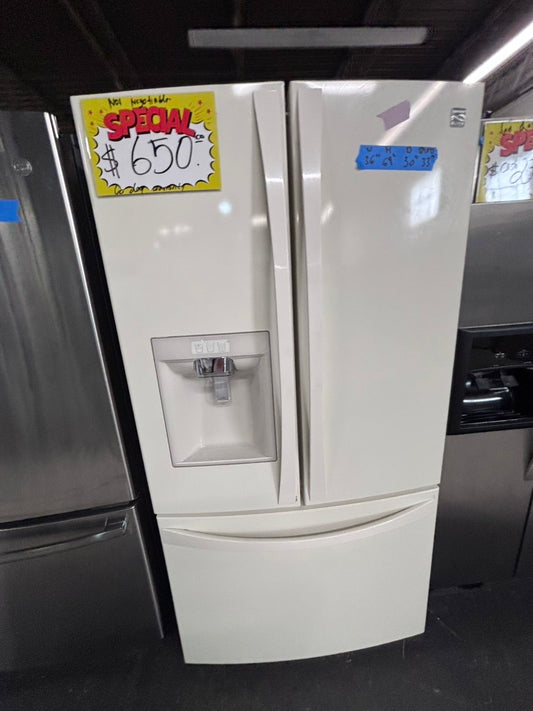 >special 🔥Used great condition used-Refurbished Kenmore  36”W x 69h x 30”depth french door refrigerator off white  w/ice & water dispenser 36 “ #RFK22CB