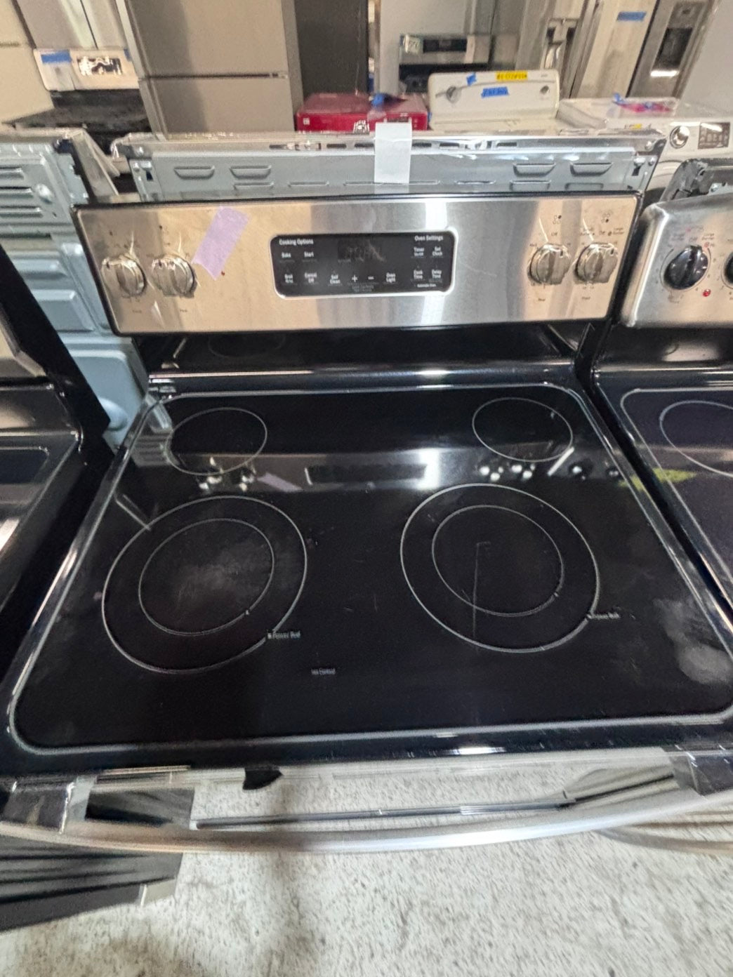 >*GE electric 220v glass top range 4 burner  bake Broil roast self clean stainless steel 30" Refurbished #EGNY33B
