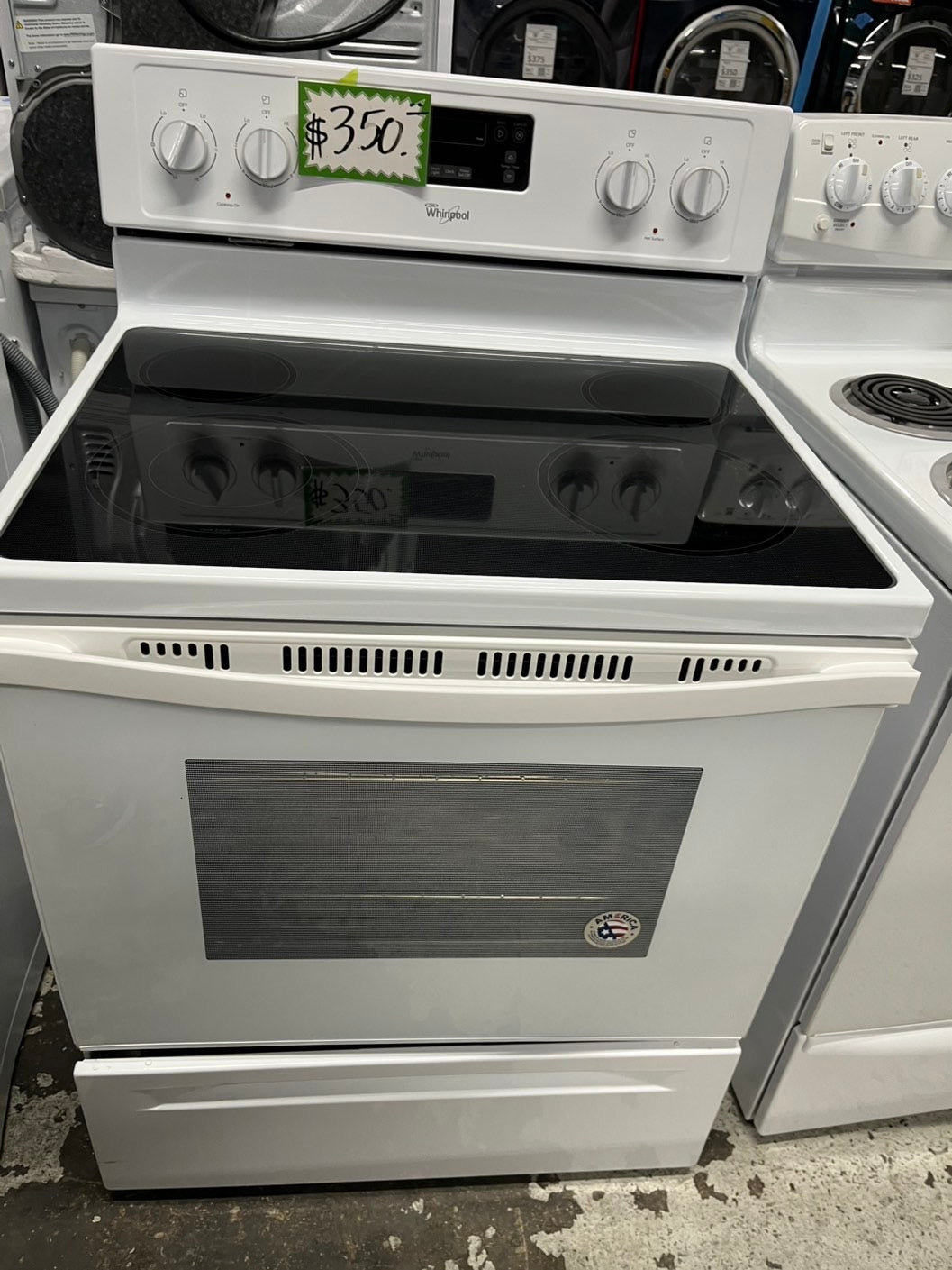 - Whirlpool electric range 4 burner bake broil frozen bake in white  30” #RF87NB
