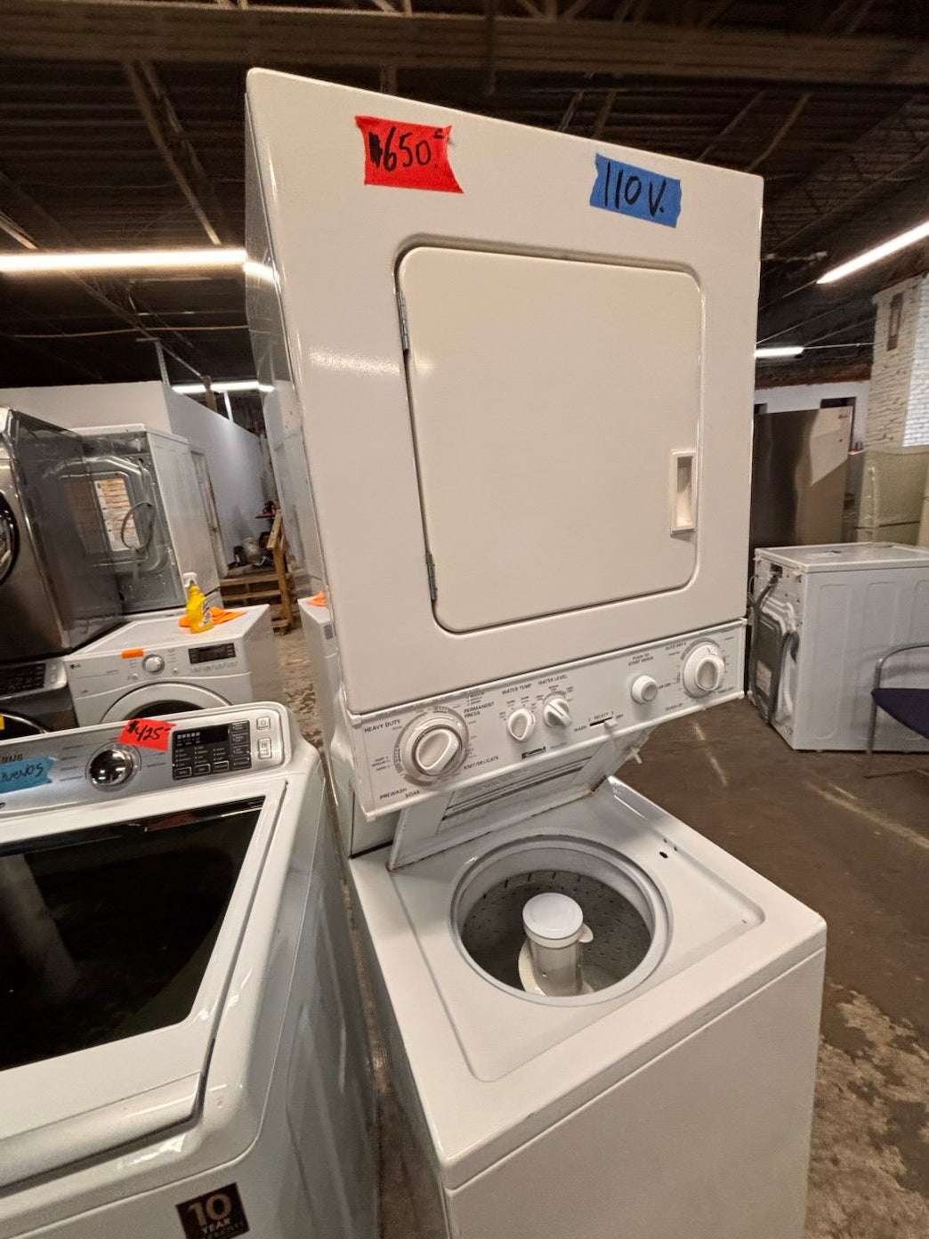}}Kenmore regular 🔌 stacked laundry center Electric 110v washer & dryer set used -in  white 24" #LCR24PTB