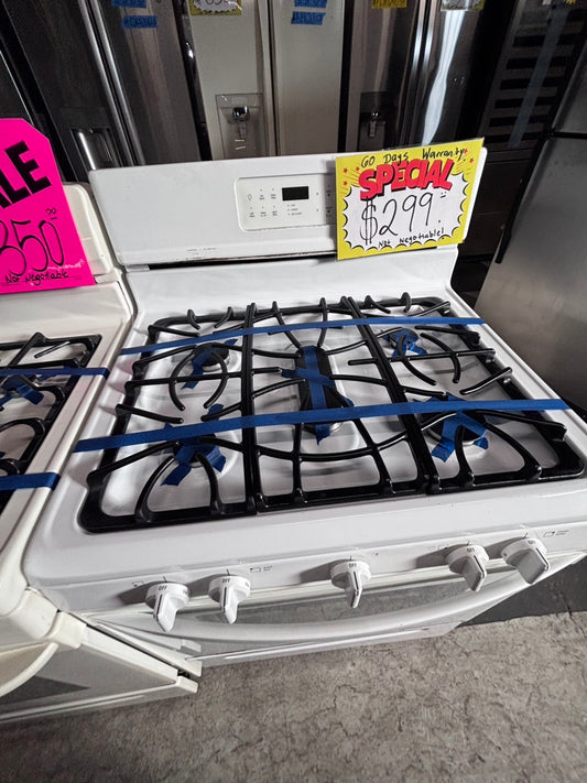 >*July 4th SALE🔥frigidaire  Gas range 5 burner bake broil Hi/Lo self clean in  white used-Refurbished 30” #FG16J2B