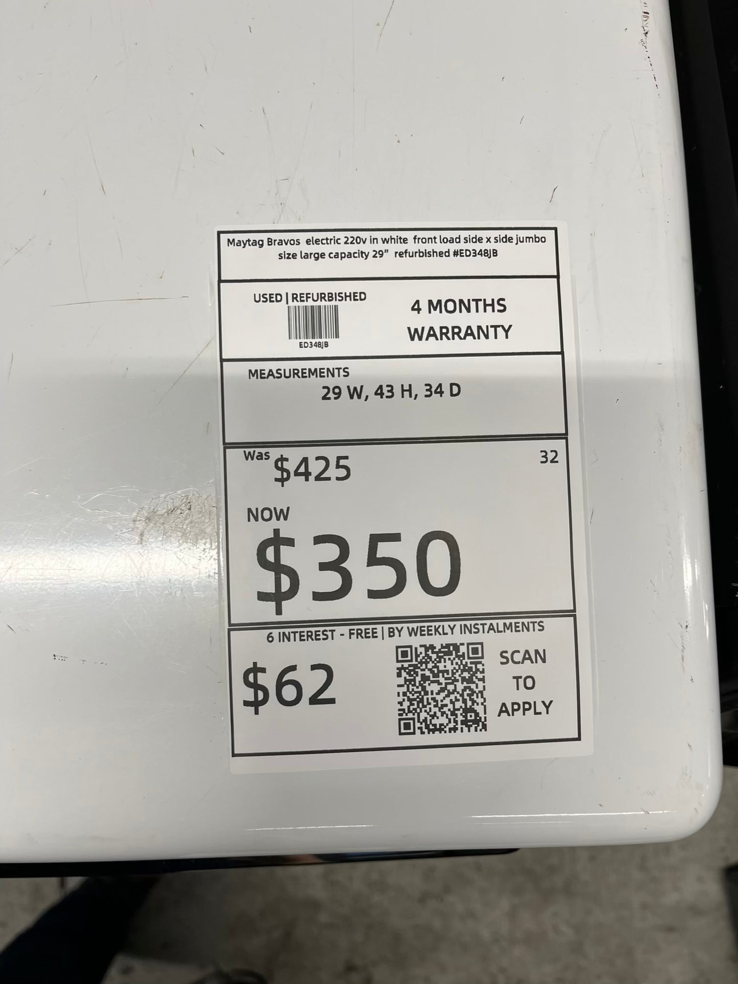 Maytag Bravos electric 220v in white front load side x side jumbo size large capacity 29" refurbished #ED348JB