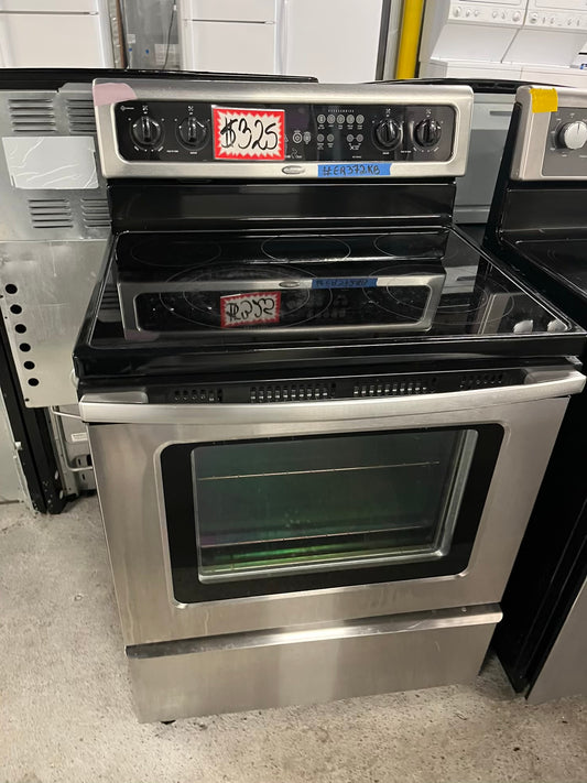 - Whirlpool glass top electric range 220v 5 burner warm zone convection bake broil steam clean Refurbished stainless steel 30" #ER372KB