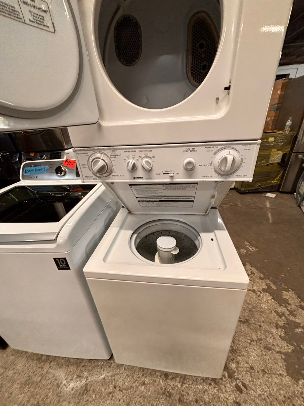 }}Kenmore regular 🔌 stacked laundry center Electric 110v washer & dryer set used -in  white 24" #LCR24PTB
