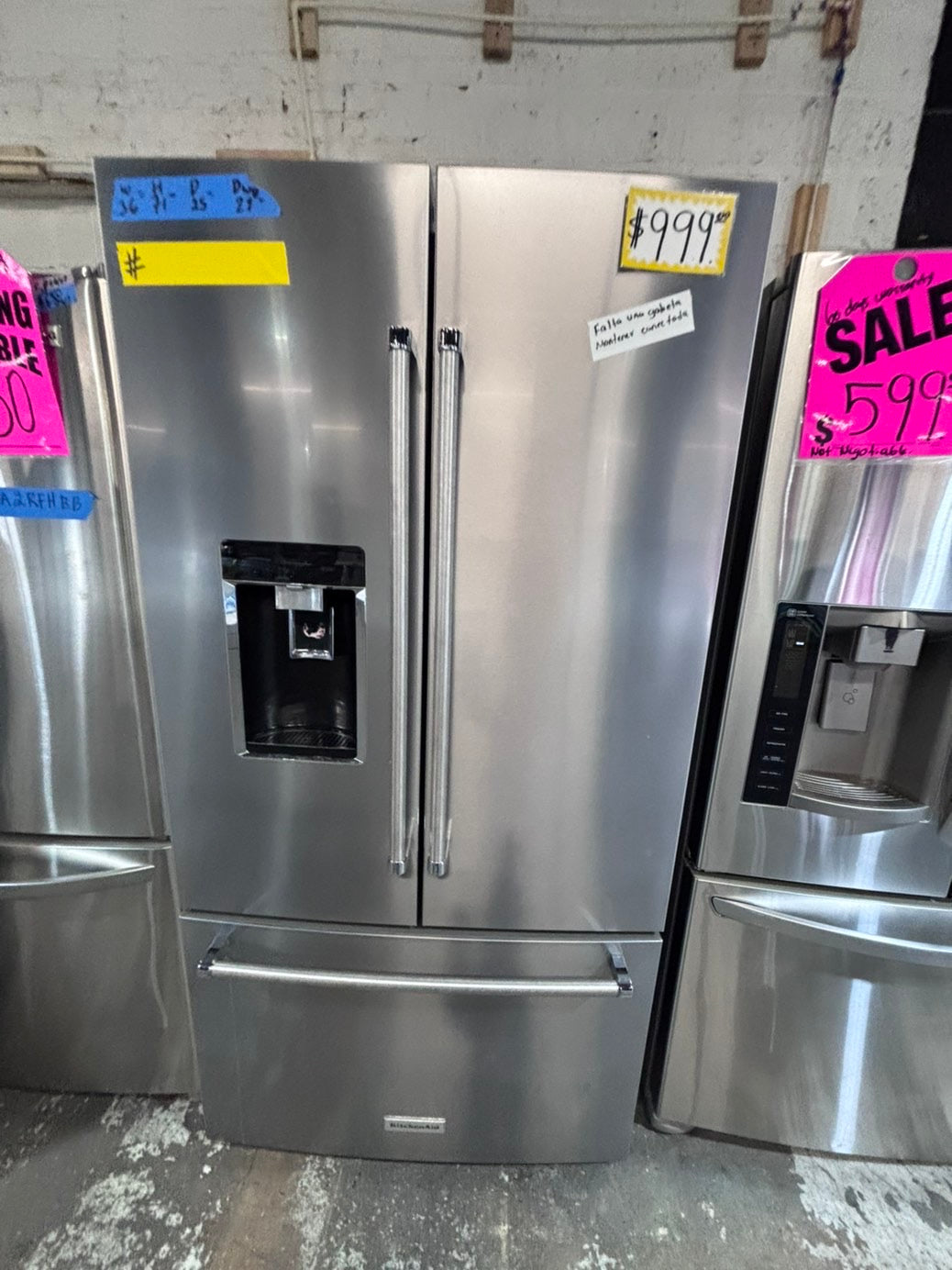 >*kitchen Aid French door Refrigerator counter depth stainless steel w/ ice water dispenser great condition 36"    (👀missing shelf on the door)  used-refurbished #KAF1424B