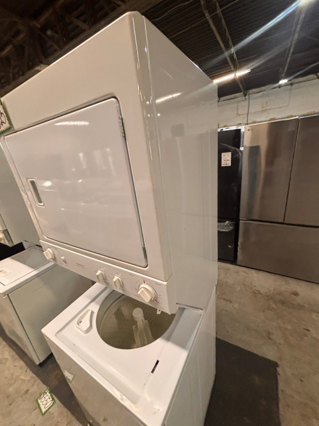 >*used-  refurbished GE stacked laundry center Electric 220v washer & dryer unit in white 27" #LC27FQ2B