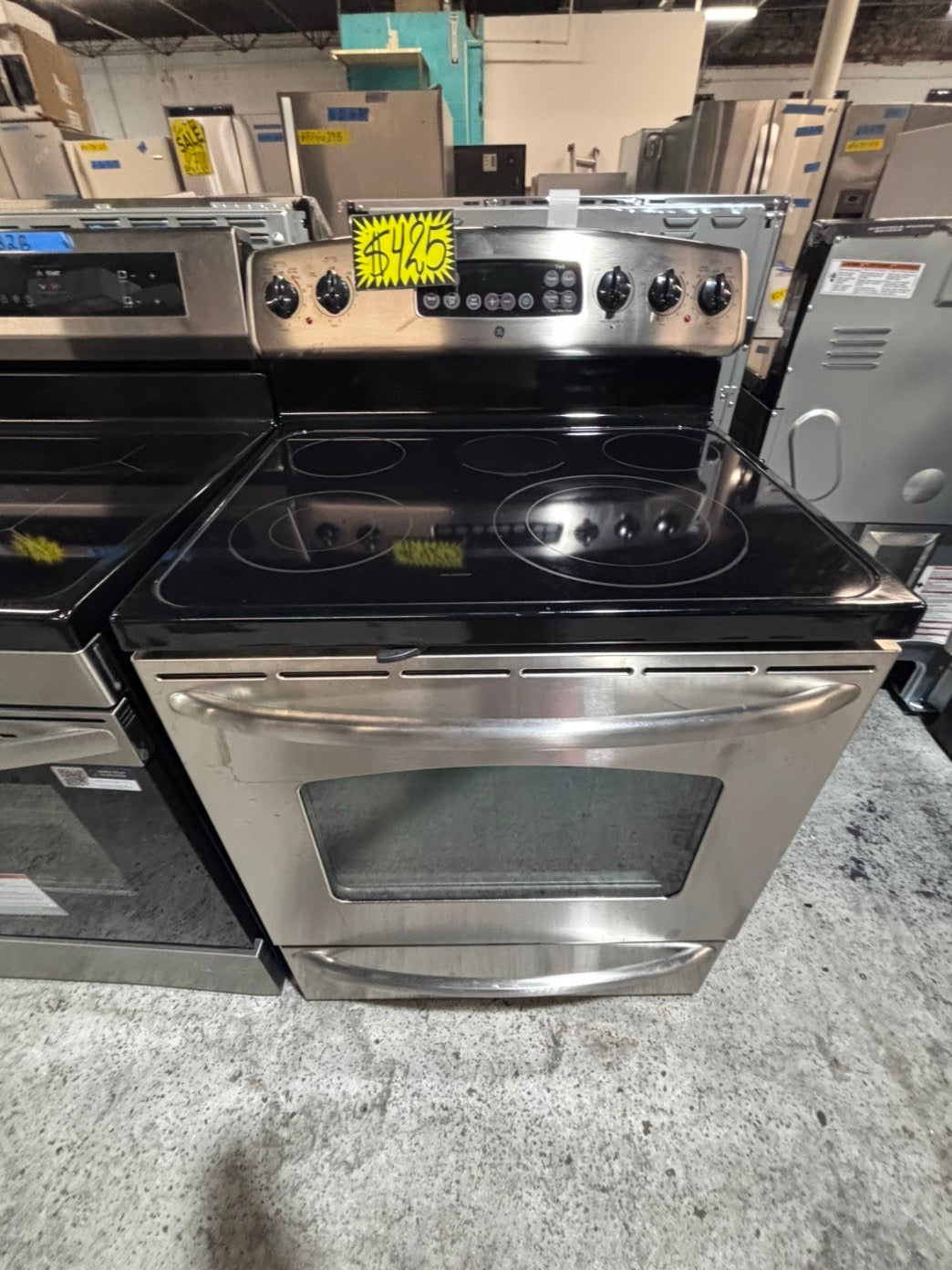 >*GE  electric 220v glass top range 4 burner  bake Broil roast self clean stainless steel 30" Refurbished #EZ77S3B