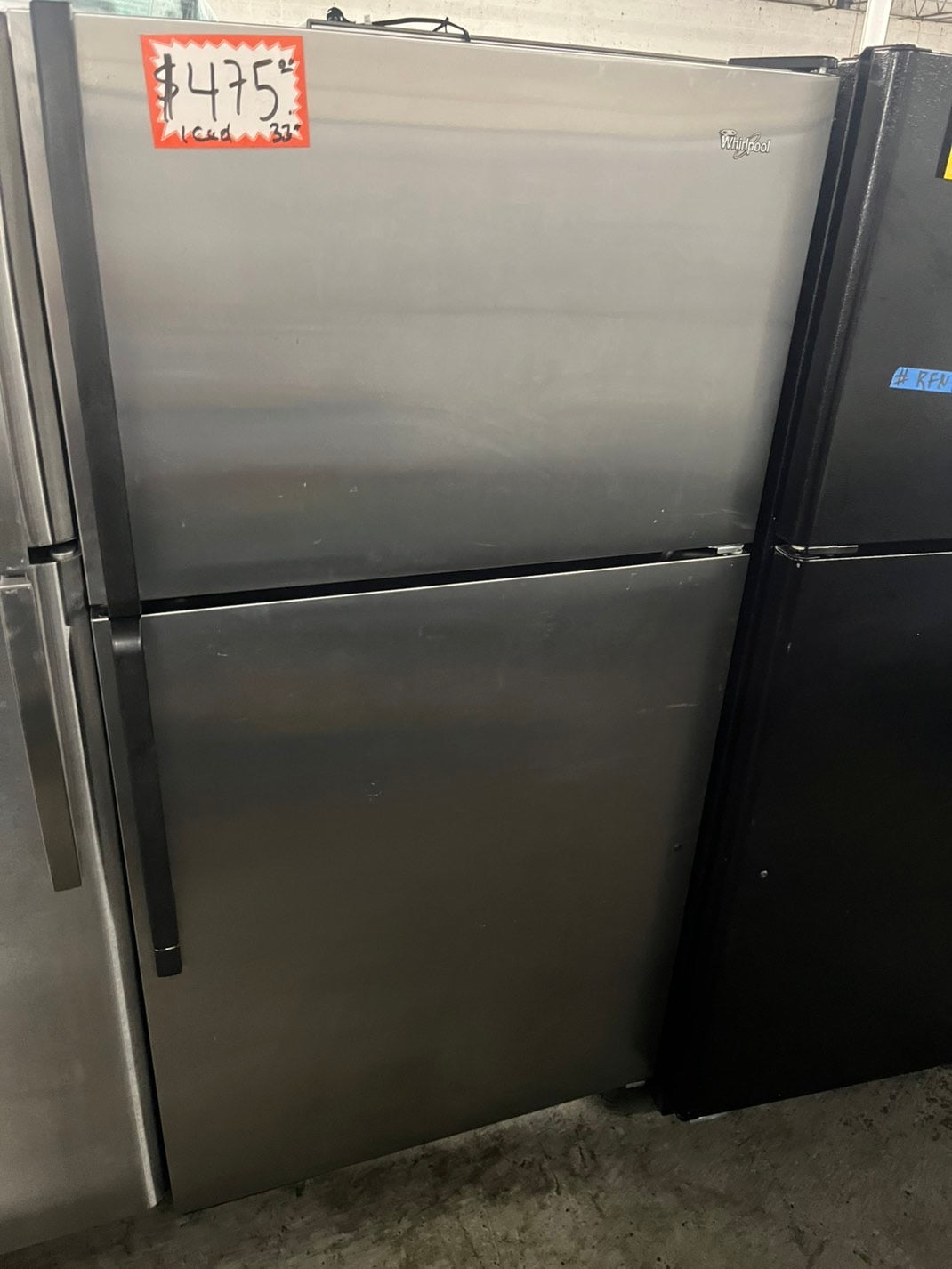 =Whirlpool  33” with Iced maker Top freezer fridge stainless steel refurbished #RFKM33