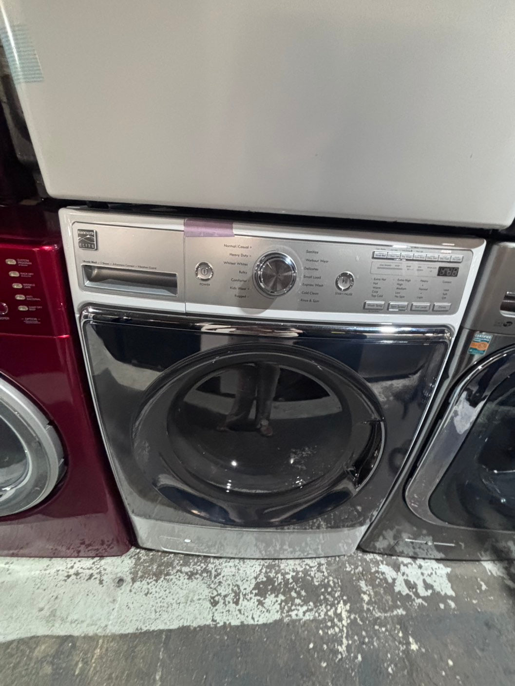 >*special🔥used great condition 29”refurbished kenmore washer & dryer set white color ,electric front load jumbo size stackable or side by side stainless steel drum 29" #WKM5S9B
