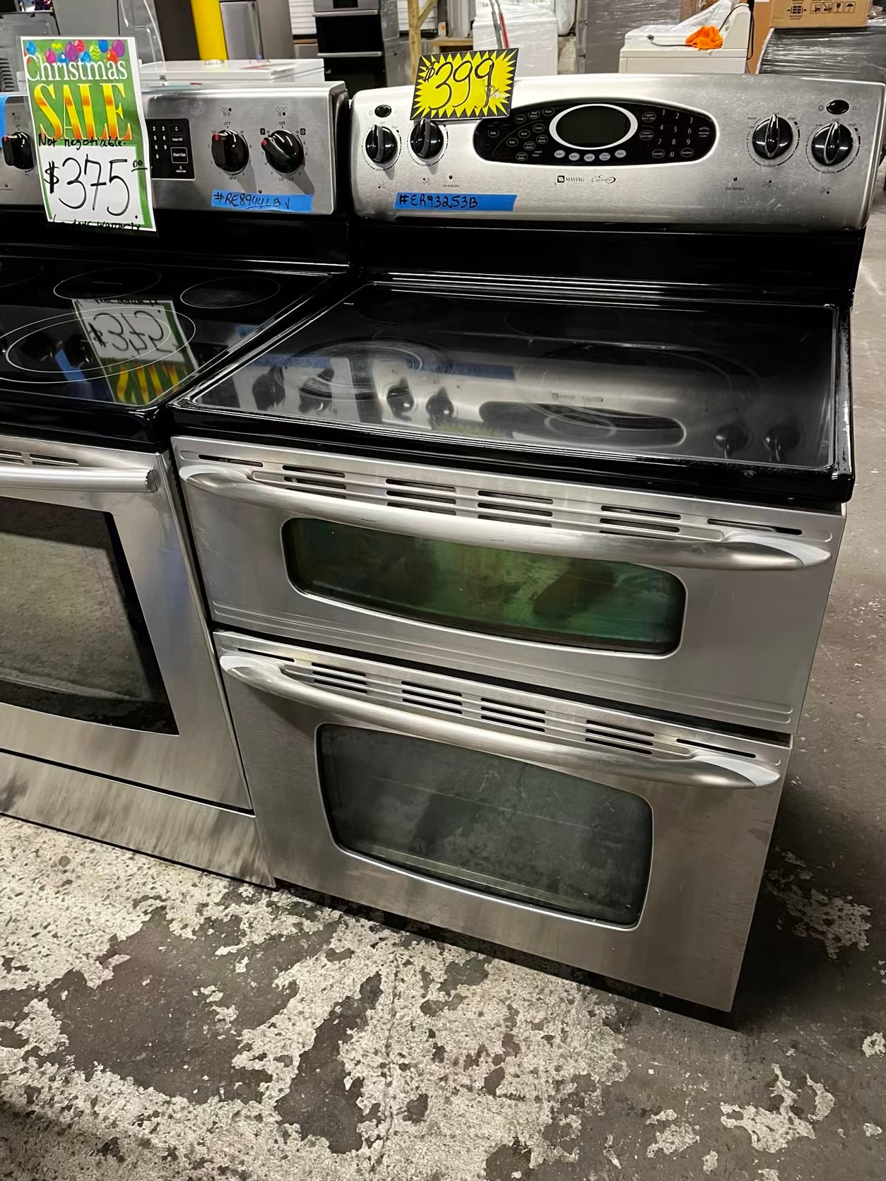 Maytag electric 220v glass top double oven range 5 burner Refurbished convection bake Broil self clean stainless steel 30" #ER93253B