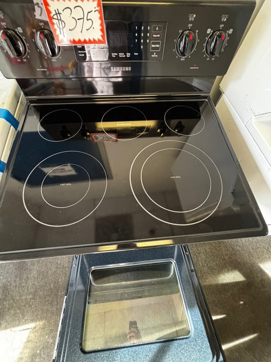 Samsung glass top electric range 220v 5 burner warm zone convection bake roast broil steam clean black color Refurbished 30" #ER537AL