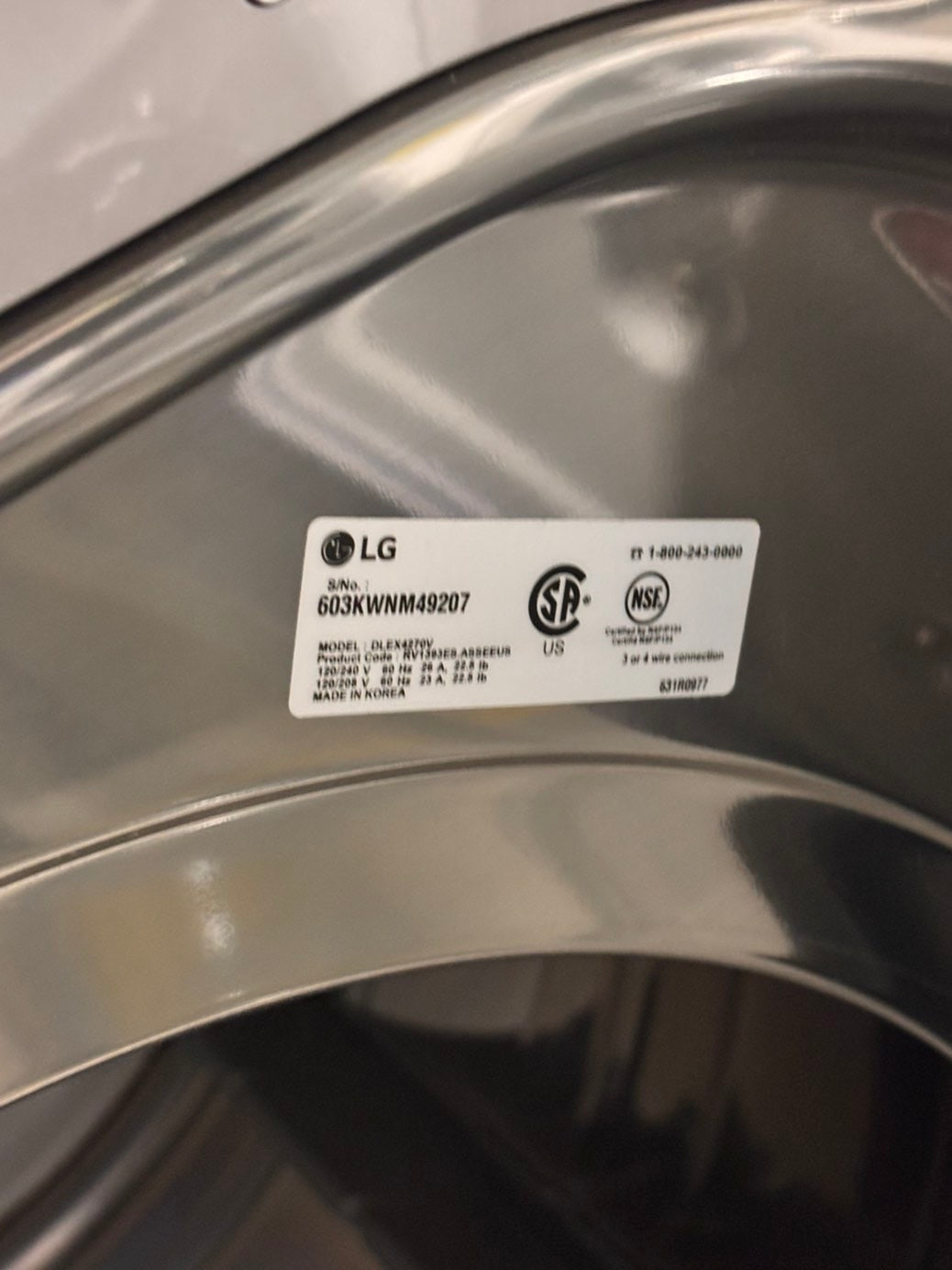 >LG steam sensor Dry front load stackable electric 220v dryer stainless steel drum in gray -silver color ,used-refurbished 27" #DEL436B