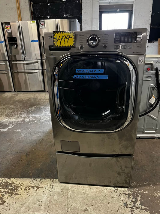 • LG front load washing machine large capacity 4.5 cu ft stainless steel steam cycle 27” w/pedestal - used refurbished #WM4396LB