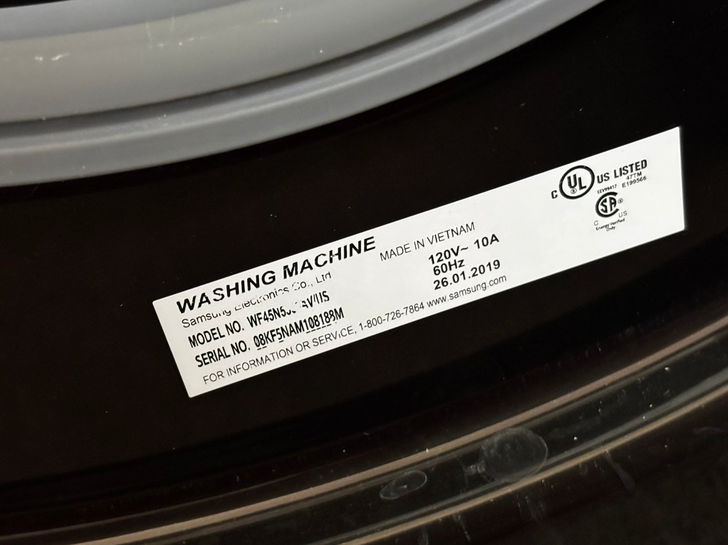 Samsung washer 4.5 cu. ft. capacity, VRT Plus, Smart Care, 1300 RPM spin, 8 preset cycles, 9 options, and 24-hour delay start. stackable or side by side  used-refurbished         #SWS647IL