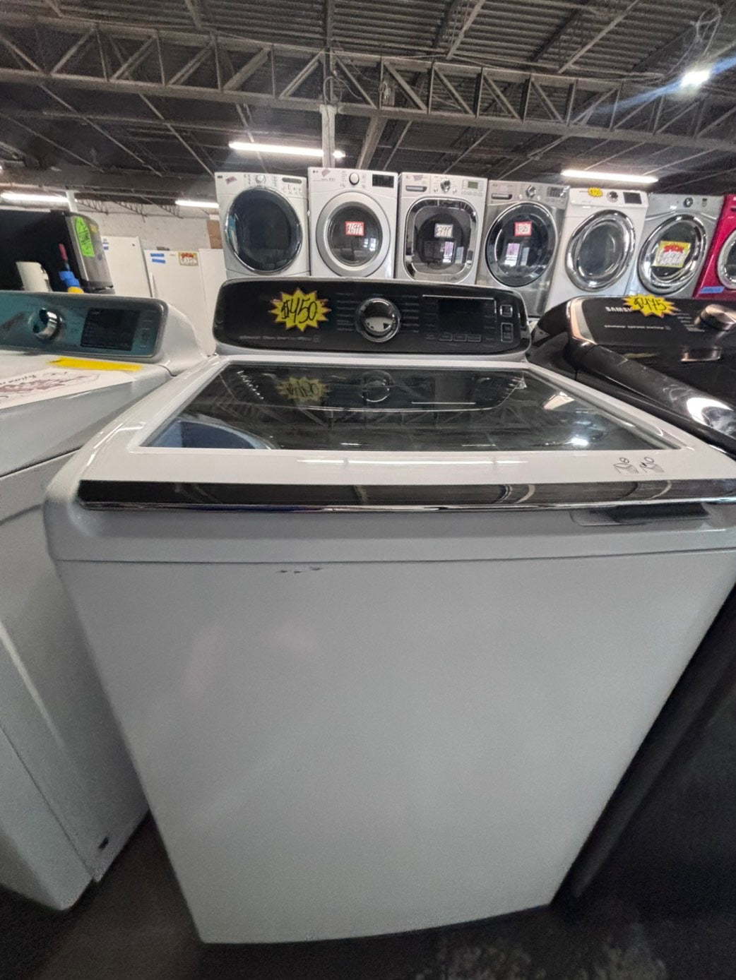 >*july 4th sale 🇺🇸samsung white  top top load washer large capacity & dryer set electric 220v side x side top load stainless steel drum white color used-refurbished #WSYH55B