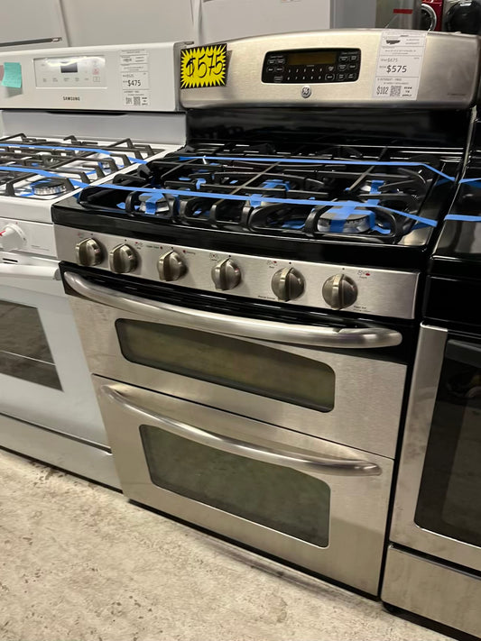 - GE gas range 5 burner double oven convection bake broil stainless steel self clean Refurbished 30" #GR208FB