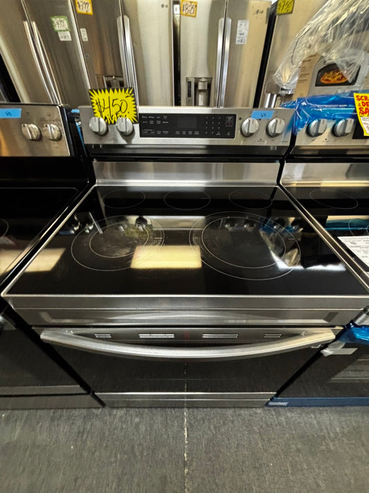 Samsung glass top electric range Air-fry 220v 5 burner warm zone convection bake roast broil steam clean Refurbished 30" #ESS534AL