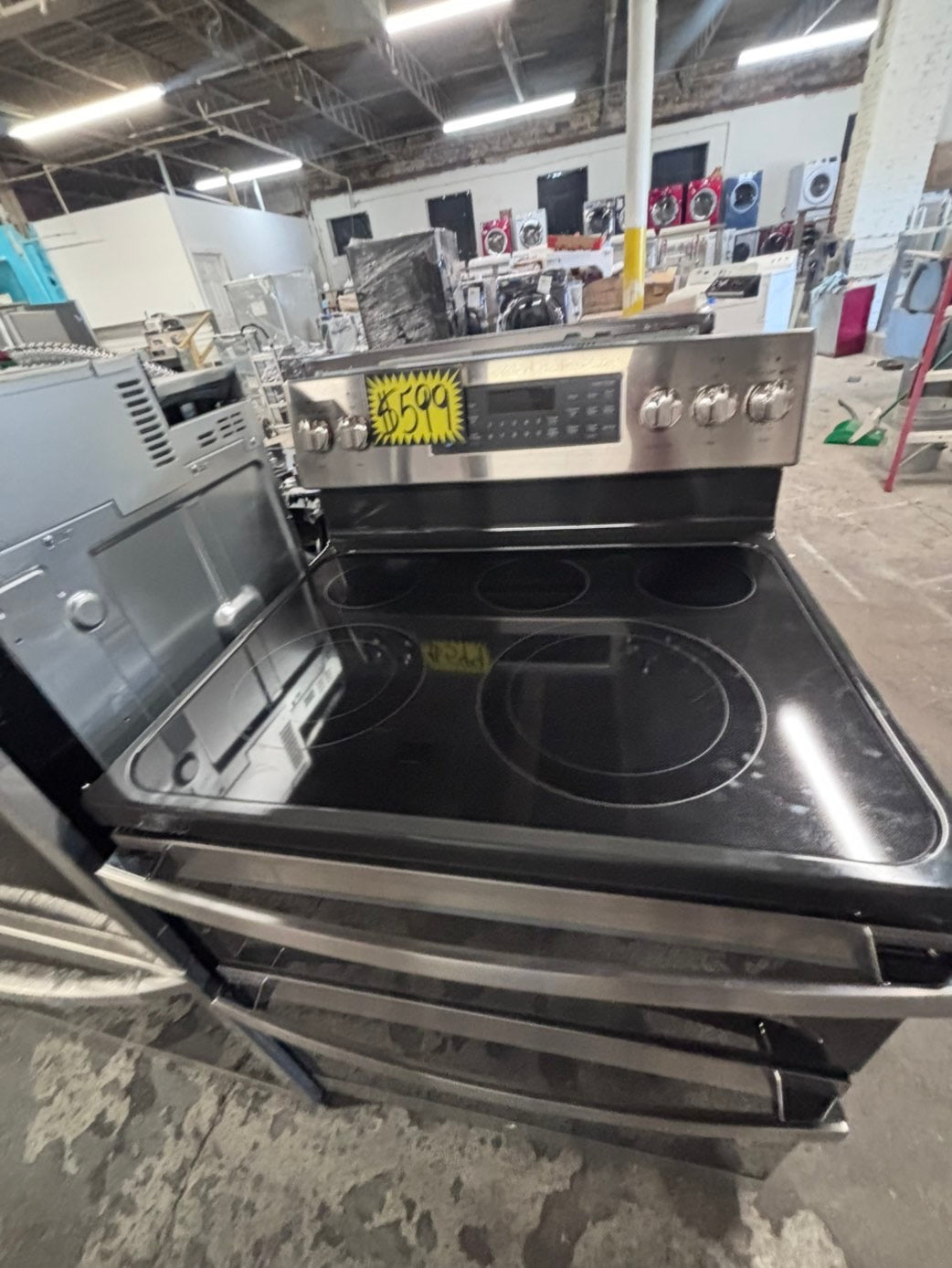 >*GE glass top double oven convection electric range 220v 5 burner stainless steel warm zone bake broil Refurbished fast boil 30" #GEGT16B