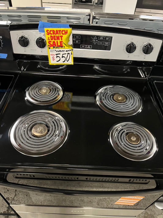 open box New scratch&Dent Amana electric coil top  range 4 bake broil & warm burner stainless steel #ERGC26VB