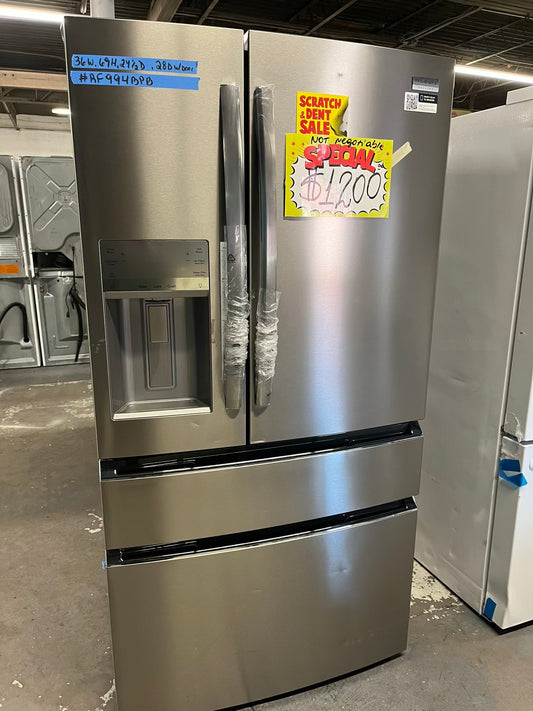 - Frigidaire Gallery four door refrigerator counter depth  stainless steel w/ice and water dispenser  used-refurbished 36”  #RF994BPB