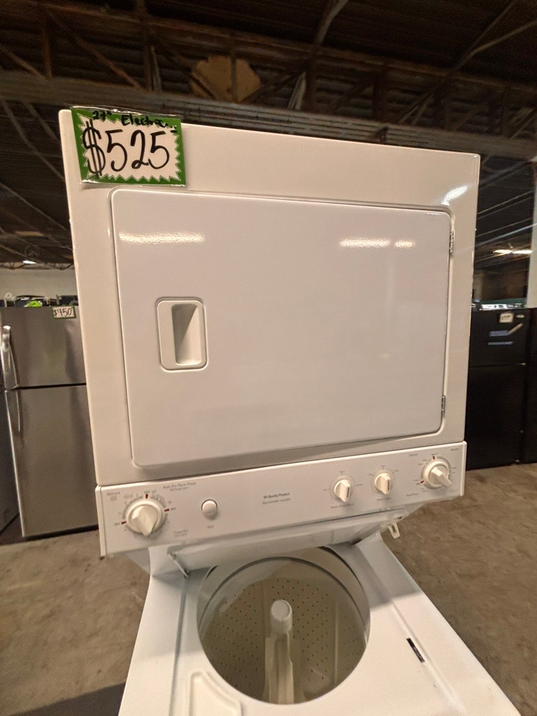 >*used-  refurbished GE stacked laundry center Electric 220v washer & dryer unit in white 27" #LC27FQ2B