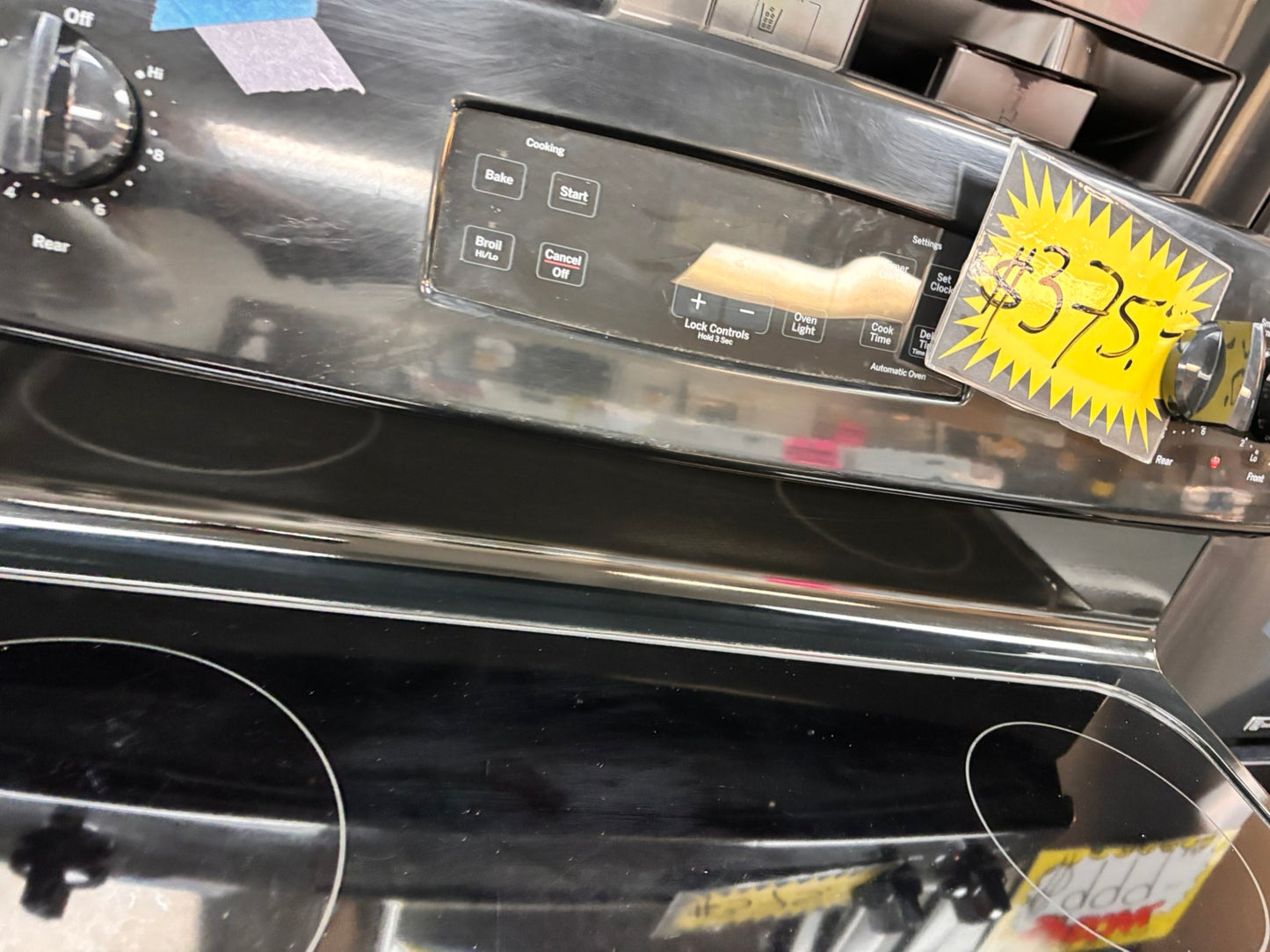 >GE Glass Top electric stove black bake broil 4 burner Self clean 30” black Refurbished #BBW96B