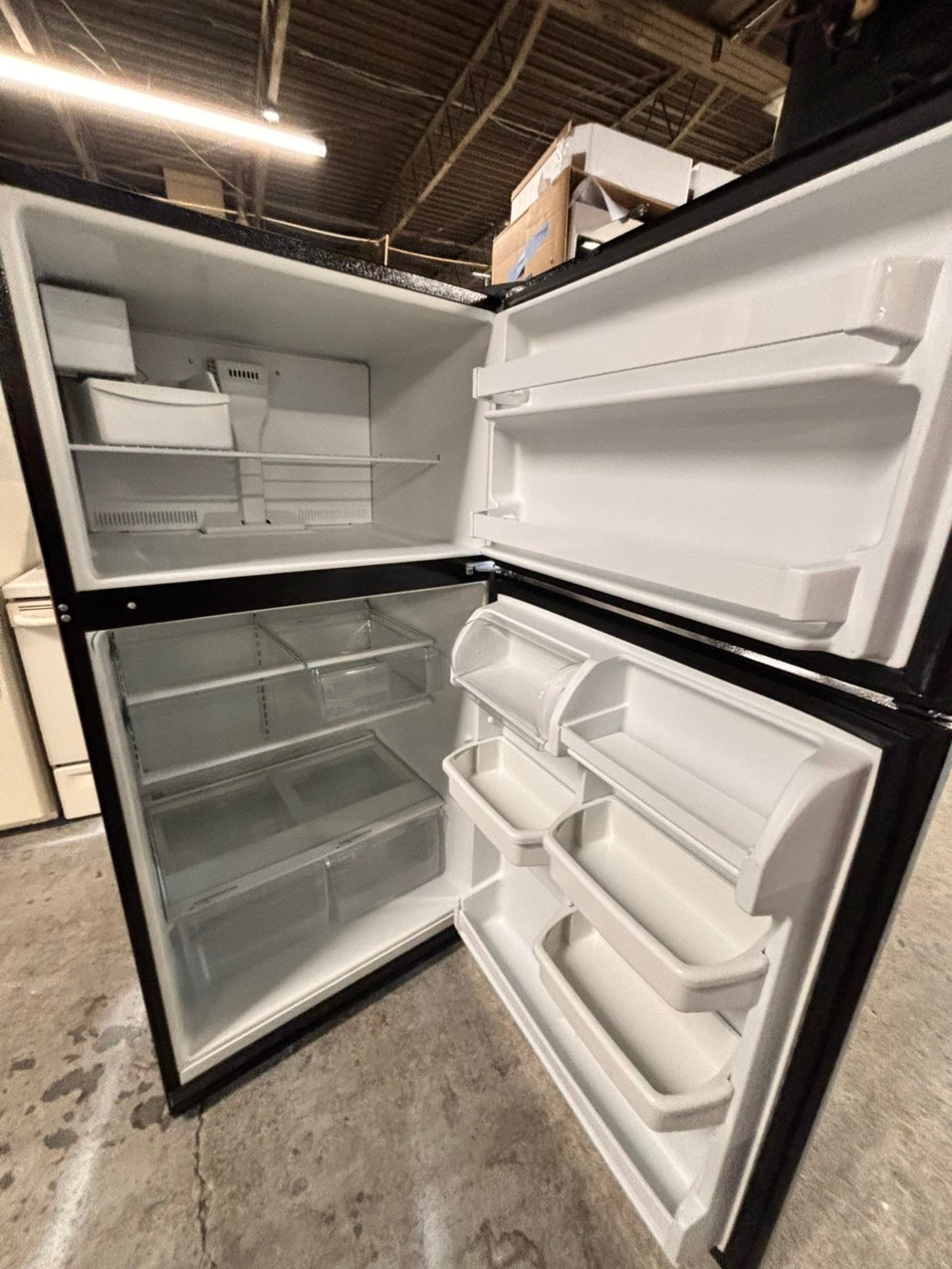 >whirlpool 33” Top freezer fridge  with ice maker inside , black used-refurbished #RW1ZC2B