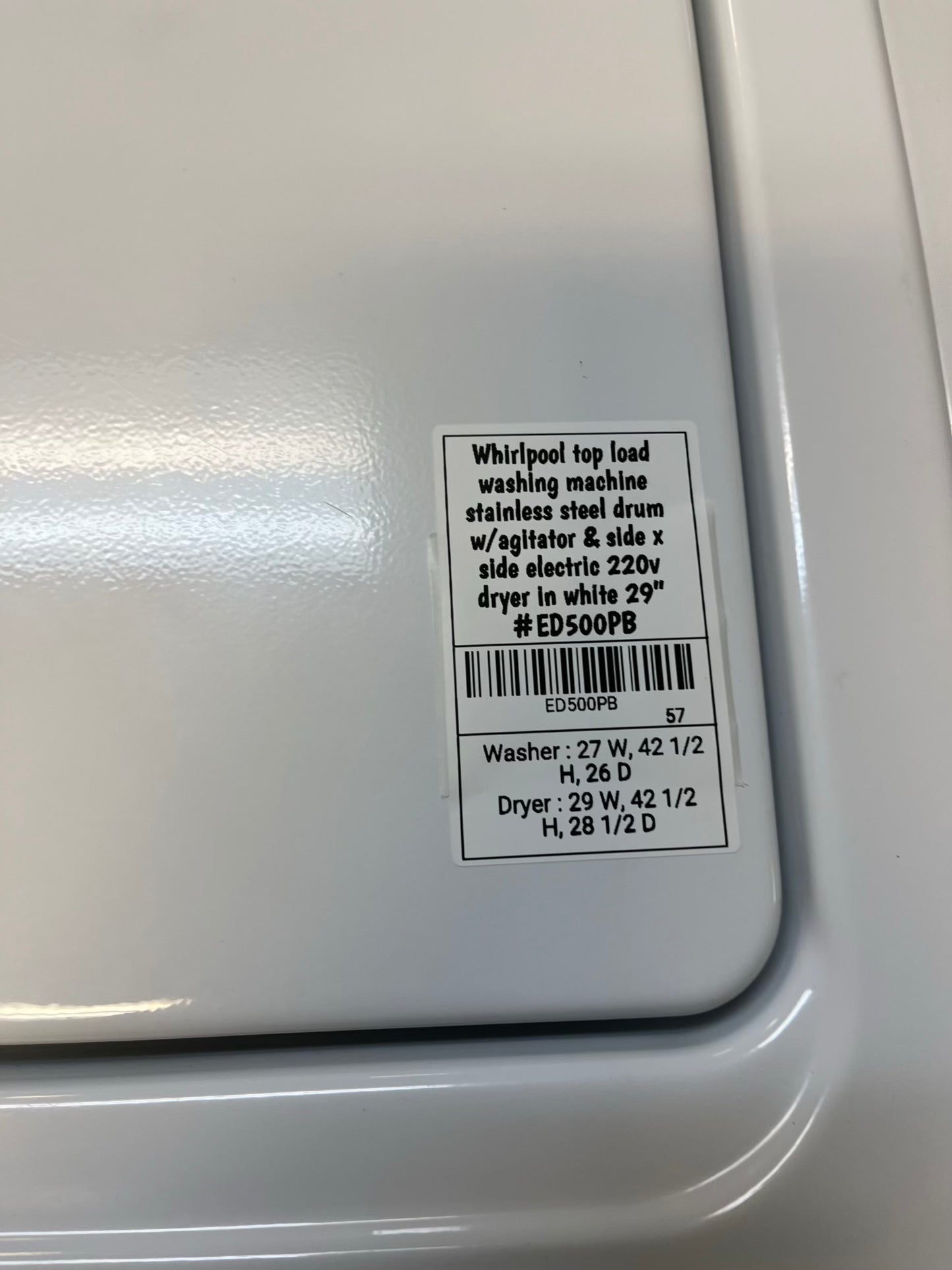 - Whirlpool top load washing machine 4.0 cu ft stainless steel drum w/agitator & side x side electric 220v dryer in white 29" #ED500PB-TR
