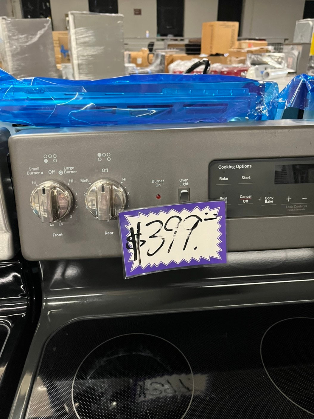 -GE glass top electric range 220V  5  burner warm zone convection bake broil power boil self clean Refurbished Slate 30" #ERS89B