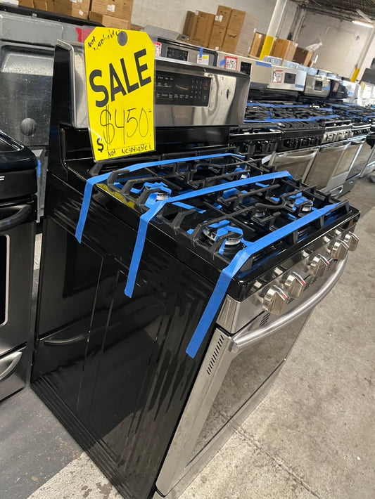 🎉🌪️=samsung gas stove 5 burner bake broil i/lo in black & silver -used-Refurbished 30” #GRSMA5B