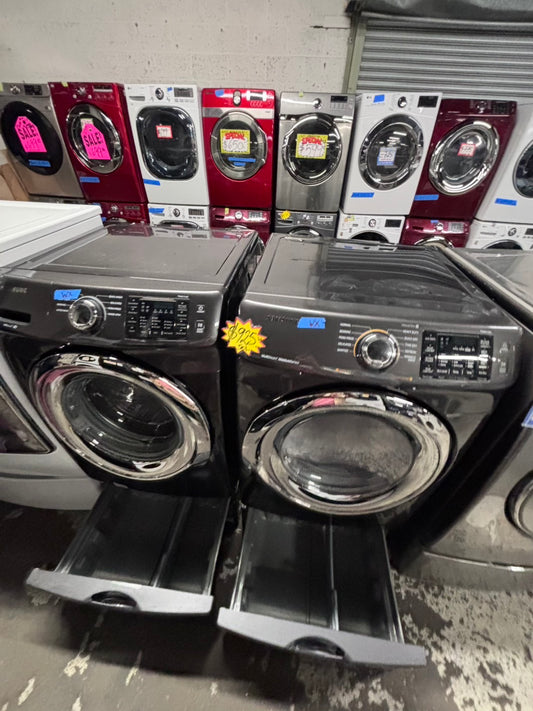 >Samsung front load washer & dryer set electric 220v large capacity with pedestals in black stainless steel 27” #WD3Z74B