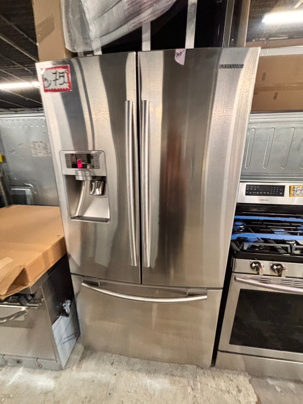 >Special 🎈4pc. Samsung Combo used refurbished -counter depth french door refrigerator Samsung 36” w/ice maker & water dispenser gas range  five burners ,new open box over the range microwave & new open   dishwasher.  #RFZ324CB