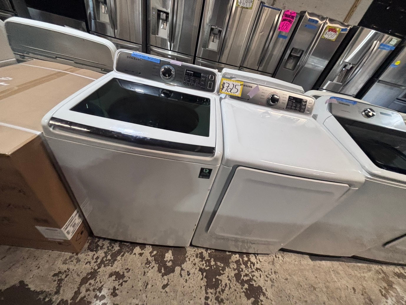 >*samsung white  top top load washer large capacity & dryer set electric 220v side x side top load stainless steel drum white color used-refurbished #W5Z6YB