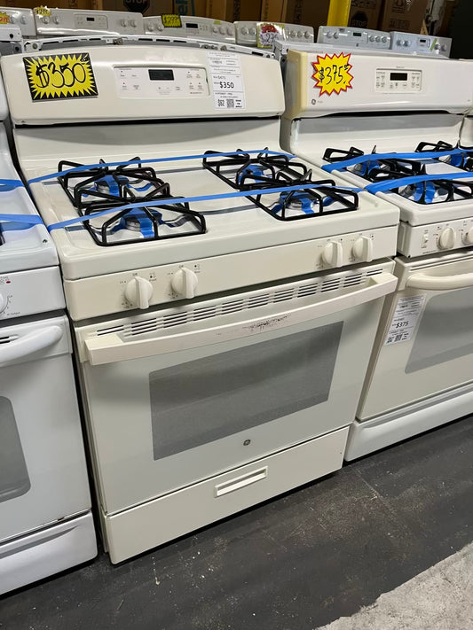 GE Gas range 4 burner bake broil hi/lo in off white Refurbished 30" #GR215WB