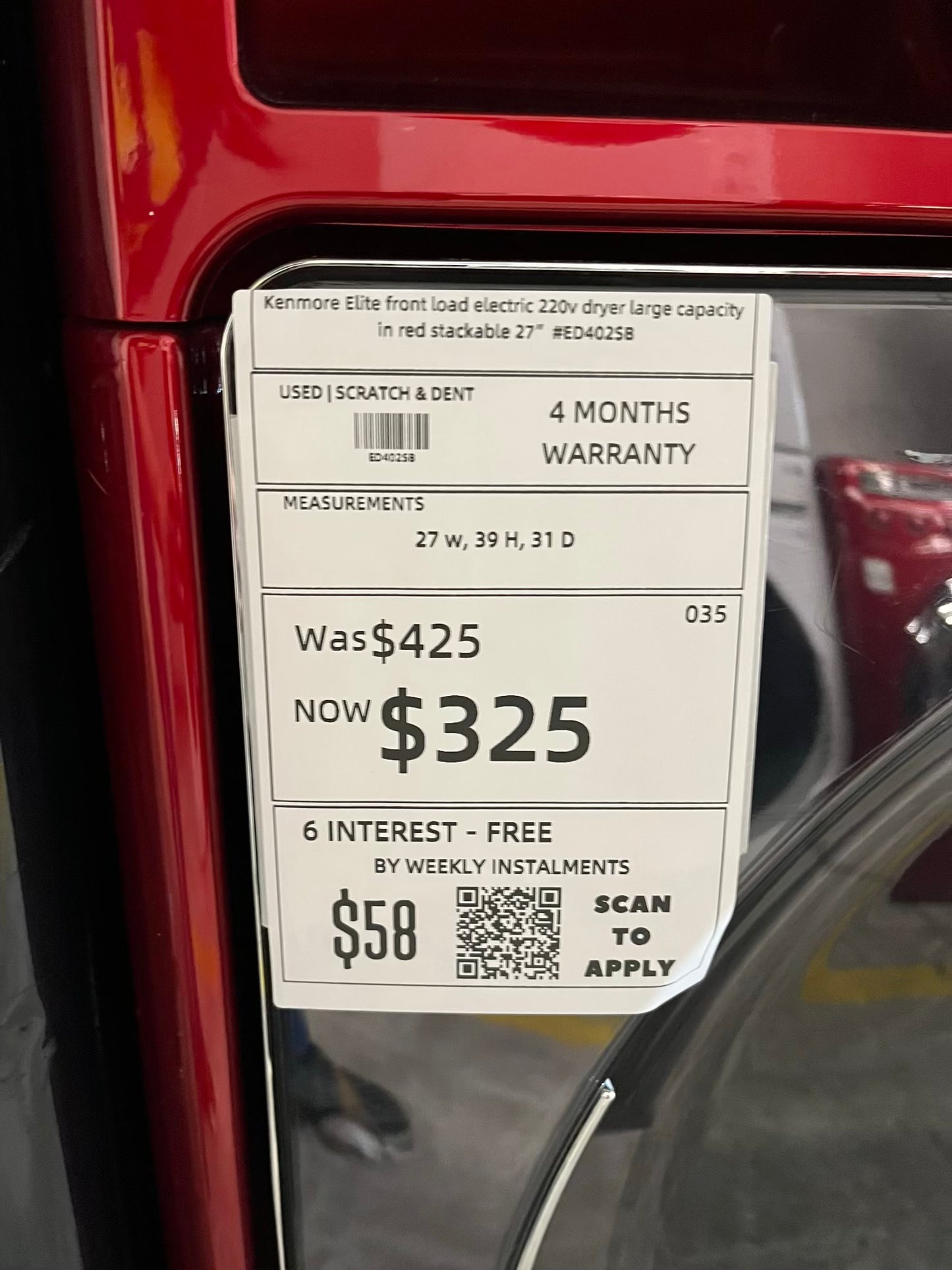 Kenmore Elite front load stackable electric 220v dryer stainless steel dream w/steam cycle in red 27" #ED402SB