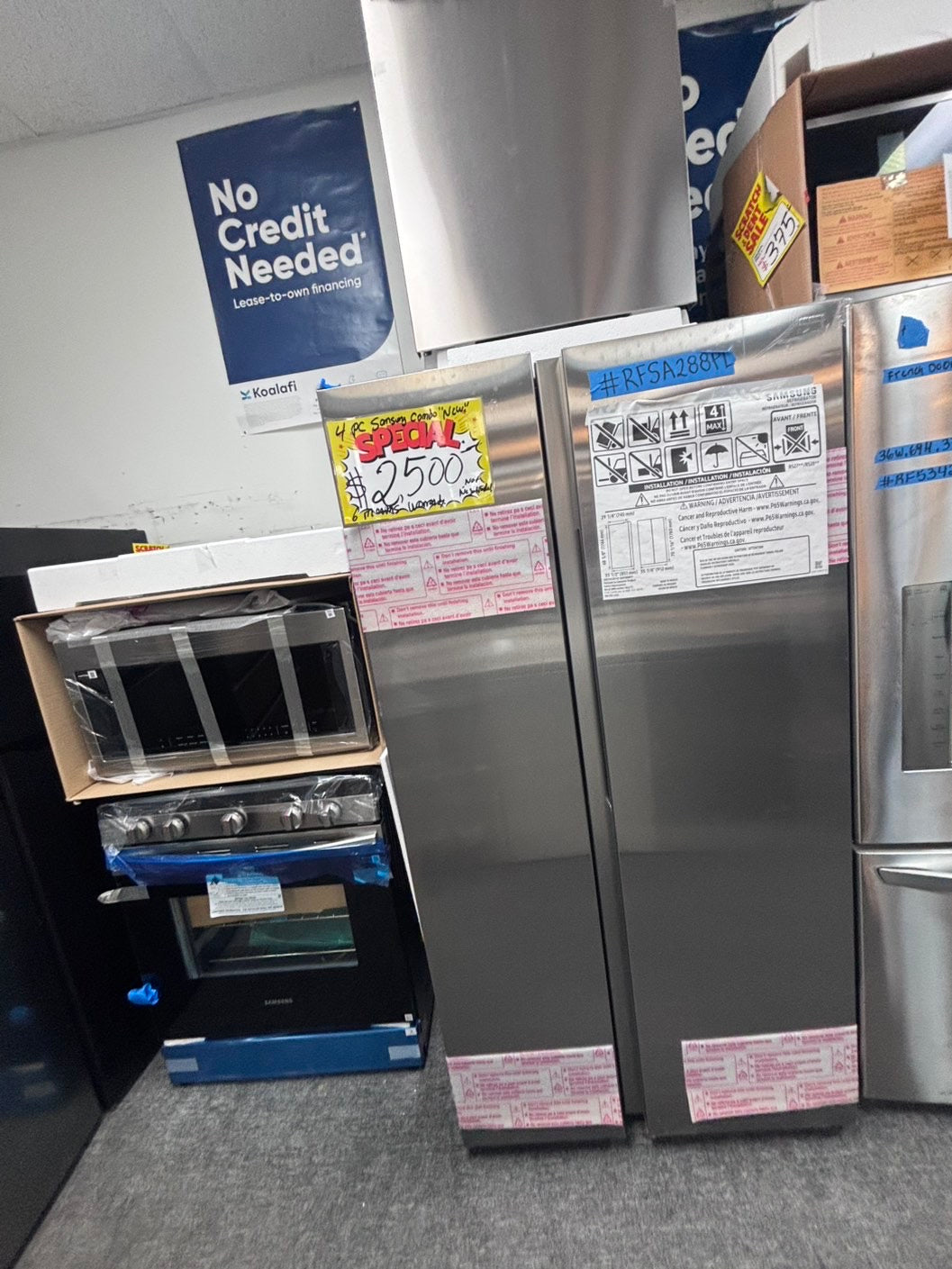 >🥳📣special combo 3pc. Open box 📦 New S/d samsung 36” side by side Door fridge, gas stove 30” in & Microwave oven the range stainless steel all same brand        #RFM3SDL