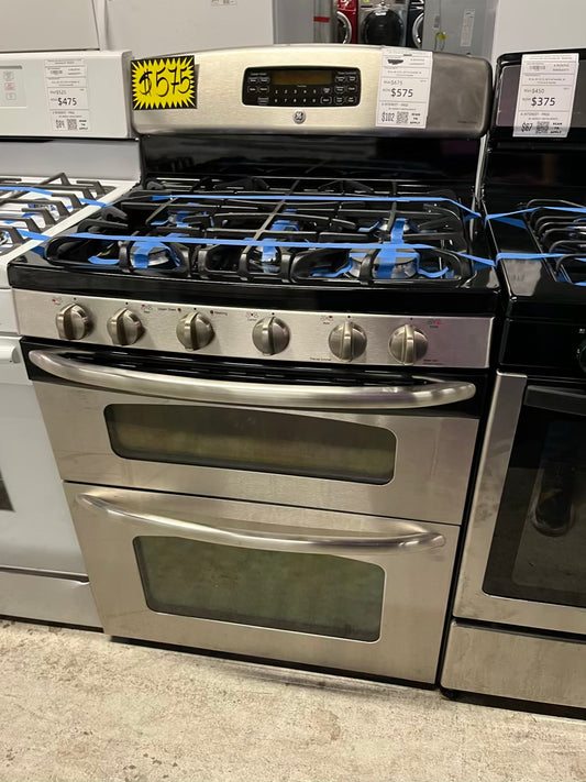 - GE gas range 5 burner double oven convection bake broil stainless steel self clean Refurbished 30" #GR208FB