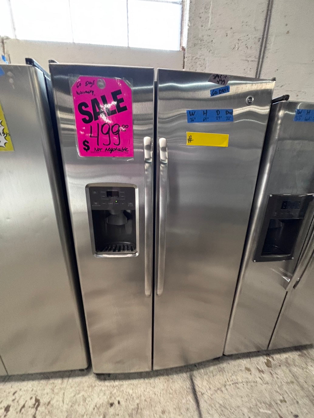 >*36” x 69h GE side by side Refrigerator and freezer stainless steel w/ice water dispenser 36” #SBTT7B