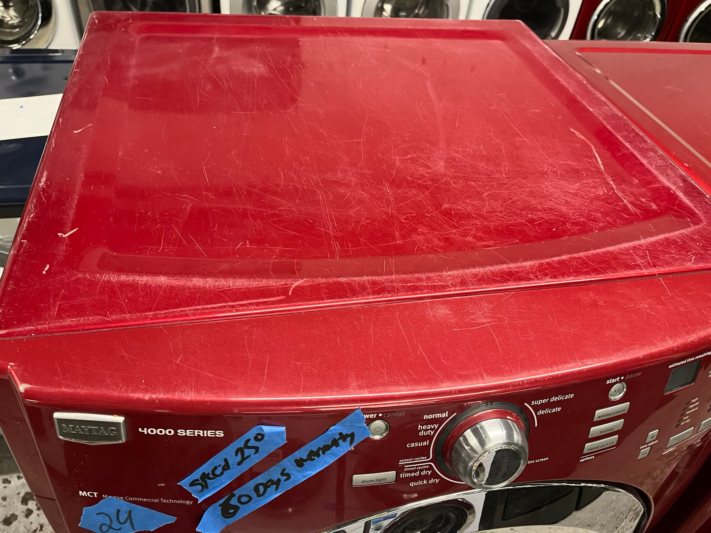 Maytag Dryer electric 220v in red front load w/pedestal extra storage stainless steel drum large capacity 27" refurbished #ED342AB