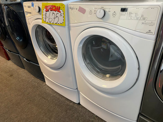 Whirlpool electric 220v washer and dryer set front load w/pedestal 27" in 
ITEM #ED957PL Refurbished