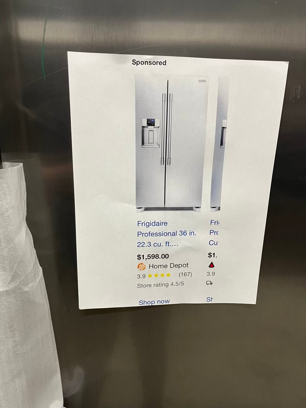 Open Box Frigidaire Profissional side x side Refrigerator stainless steel w/ice water dispenser 36" counter Depth #RE775VB