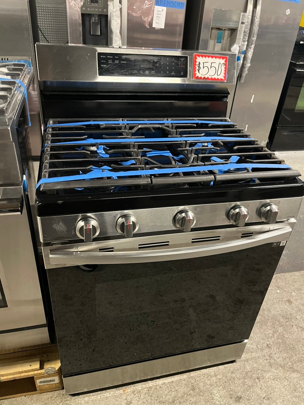 =Samsung Air fry Bake Roast keep warm gas stove 5 burner bake broil i/lo in black & silver -used-Refurbished 30” #GSTVA24B