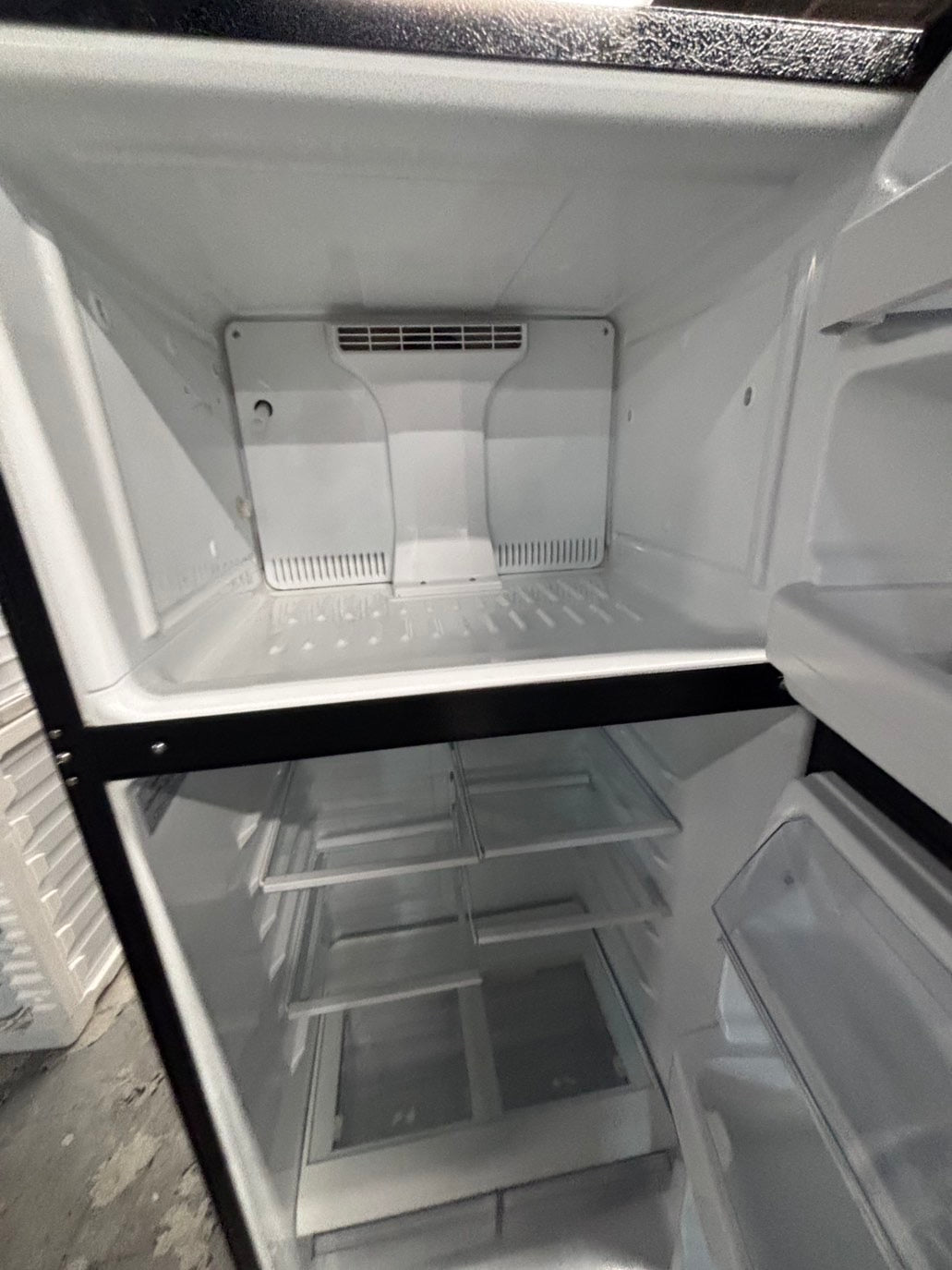 >*28” x 67”H GE  top freezer fridge black   used-refurbished #FGTR67WB
