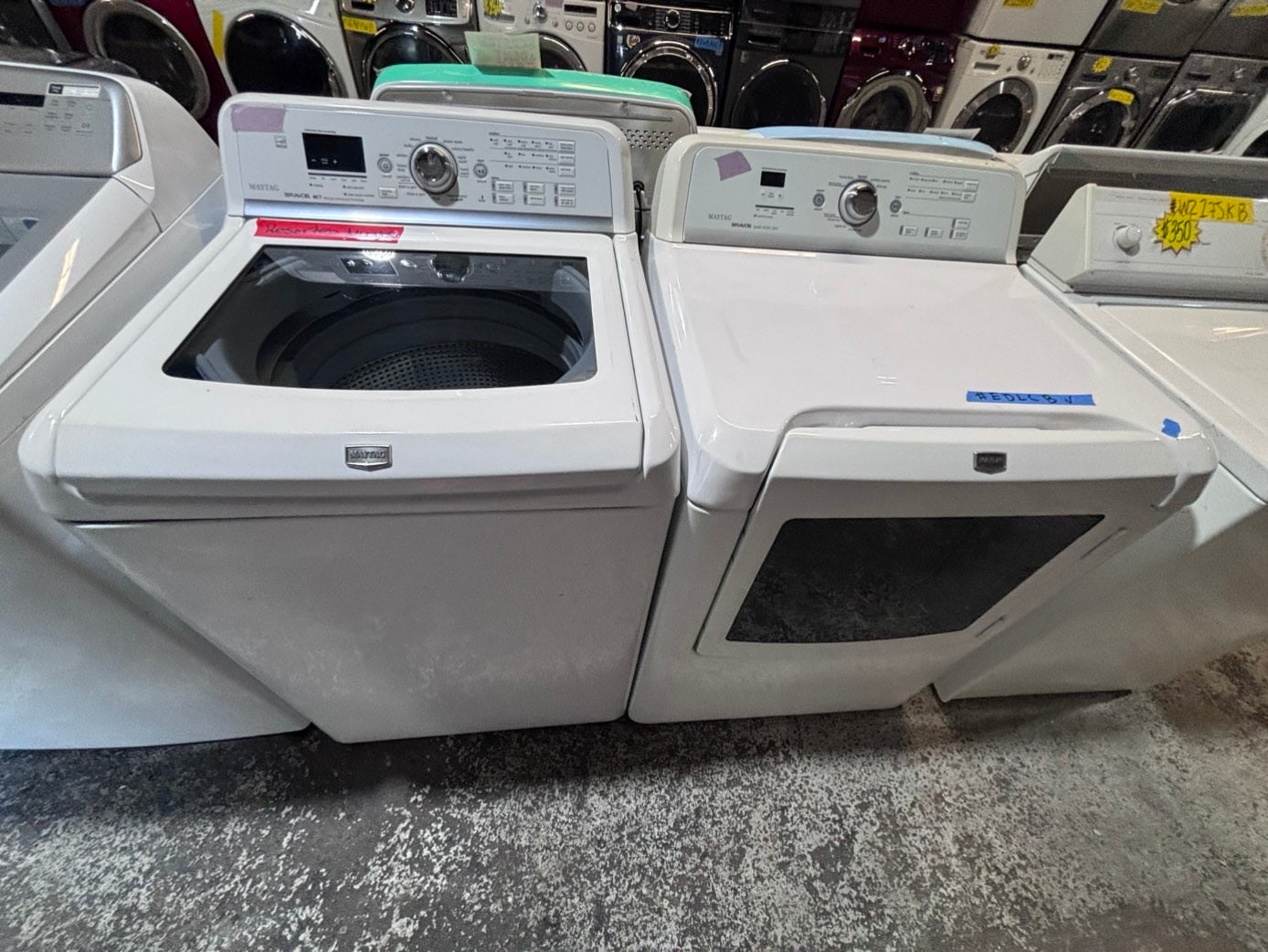 >*maytag bravos white  top top load washer large capacity & dryer set electric 220v side x side top load white color used-refurbished #WQX33SET