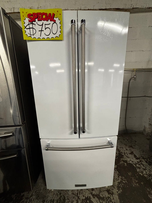 - KitchenIAd 30” wide French door Refrigerator white  steel W/ice maker & water inside Used Refurbished #RFKW550L