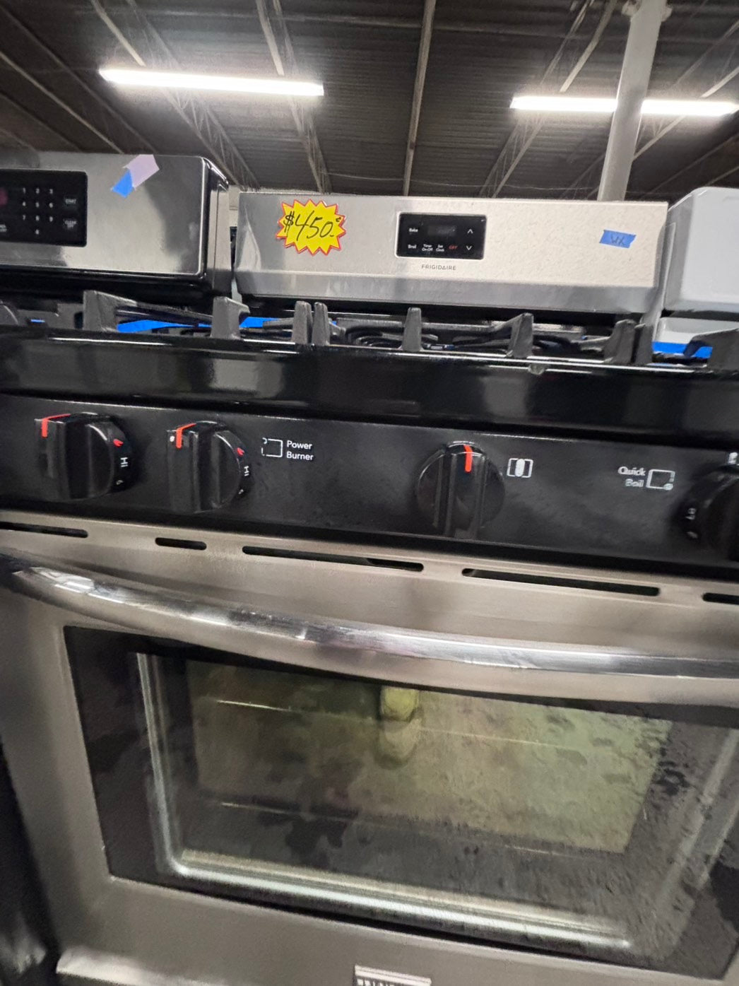 >FRIGIDAIRE Gas range 4 burner bake broil self clean in stainless steel used-Refurbished 30” #GRZW9B