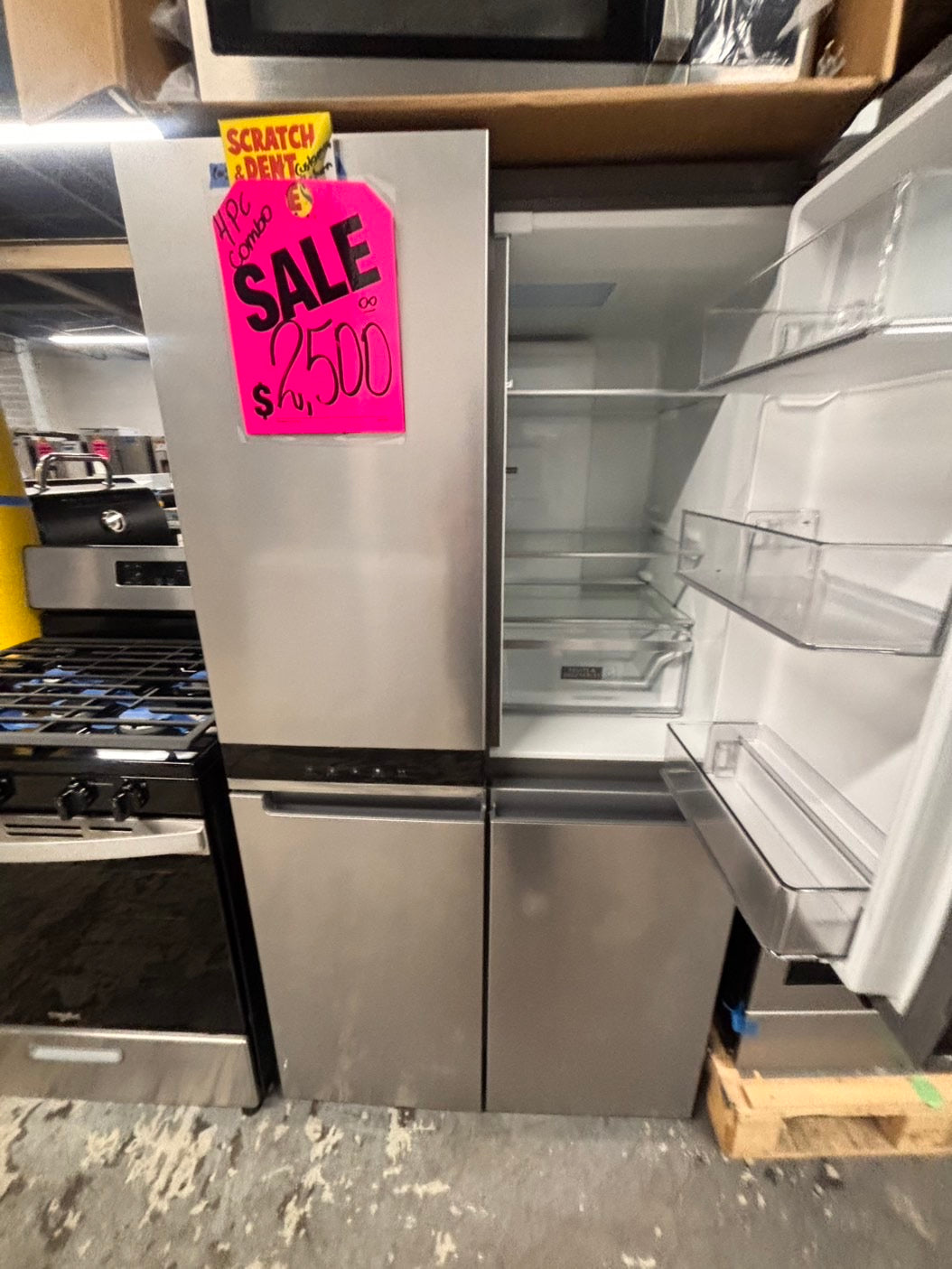 >Special 🎈4pc. Mix & match  Combo new open box costumer return -counter depth french door refrigerator whirlpool 36” w/ice maker inside gas range whirlpool five burners ,new open box over the range microwave GE & new open box dishwasher beko #RFWQ63PC