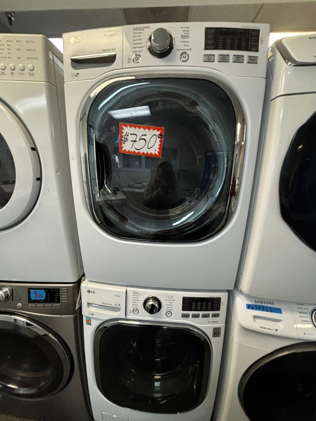 -LG steam cycle washer 4.5 cu ft & dryer 7.5 cu ft set electric 220v front load stackable sensor dry He In white #WD834JL