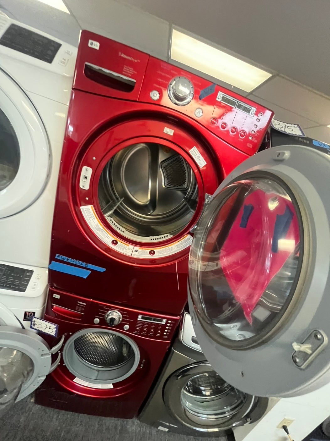>LG washer 4.0cu ft & dryer 7.5 steam set electric 220v front load stackable or side by side - sensor dry in red  #FLWR23SETL